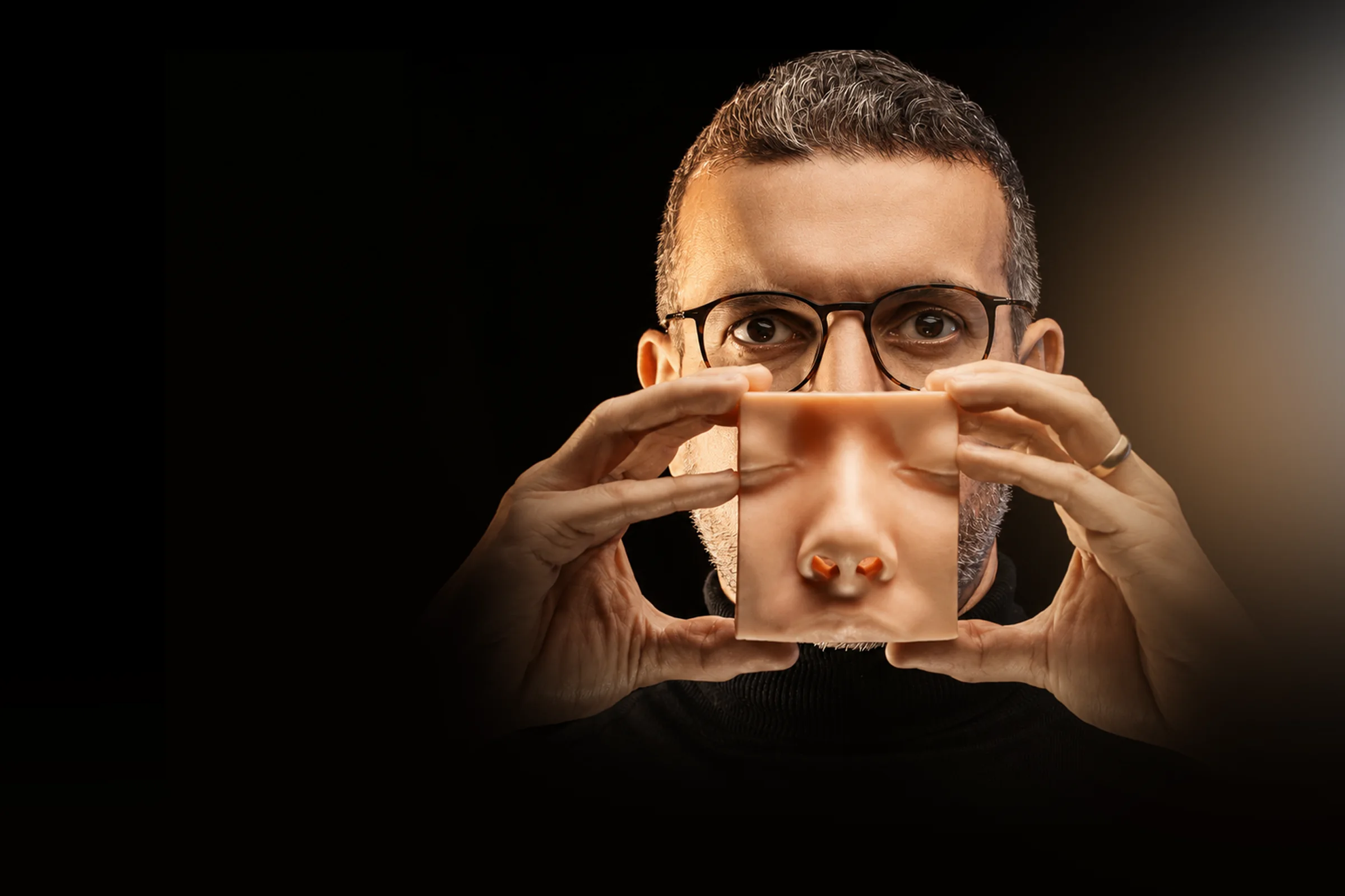 Dr. Pierre Costa segurando um modelo anatômico do nariz