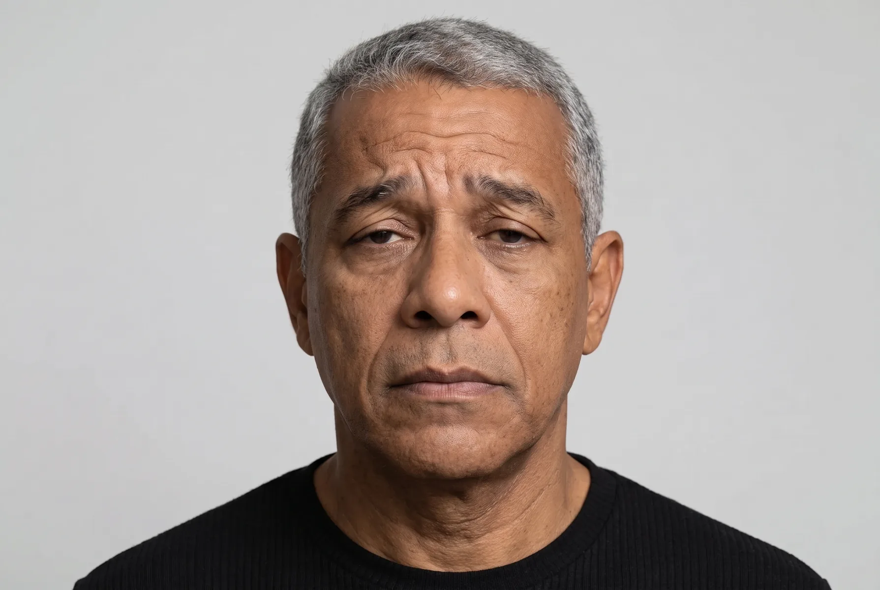 Homem de 60 anos de pele morena, cabelo grisalho curto, de frente, com as pálpebras superiores pesadas cobrindo parte do olhar, erguendo levemente as