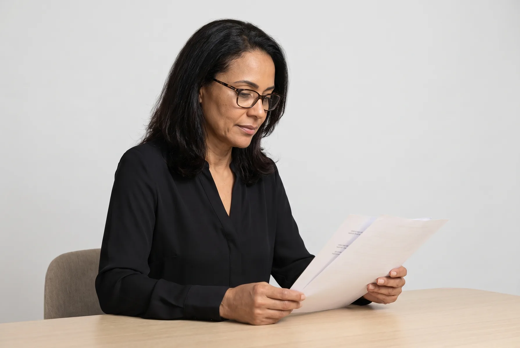Mulher de 55 anos com óculos de leitura, lendo um plano de tratamento impresso em folhas, à mesa de um consultório claro