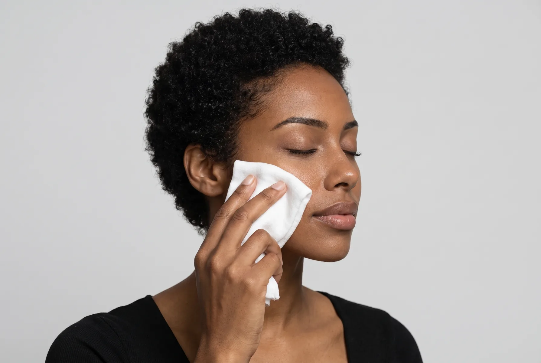 Mulher negra de 29 anos, pele retinta, cabelo crespo curto, encostando de leve uma compressa fria de tecido branco na bochecha, abaixo do olho, olhos