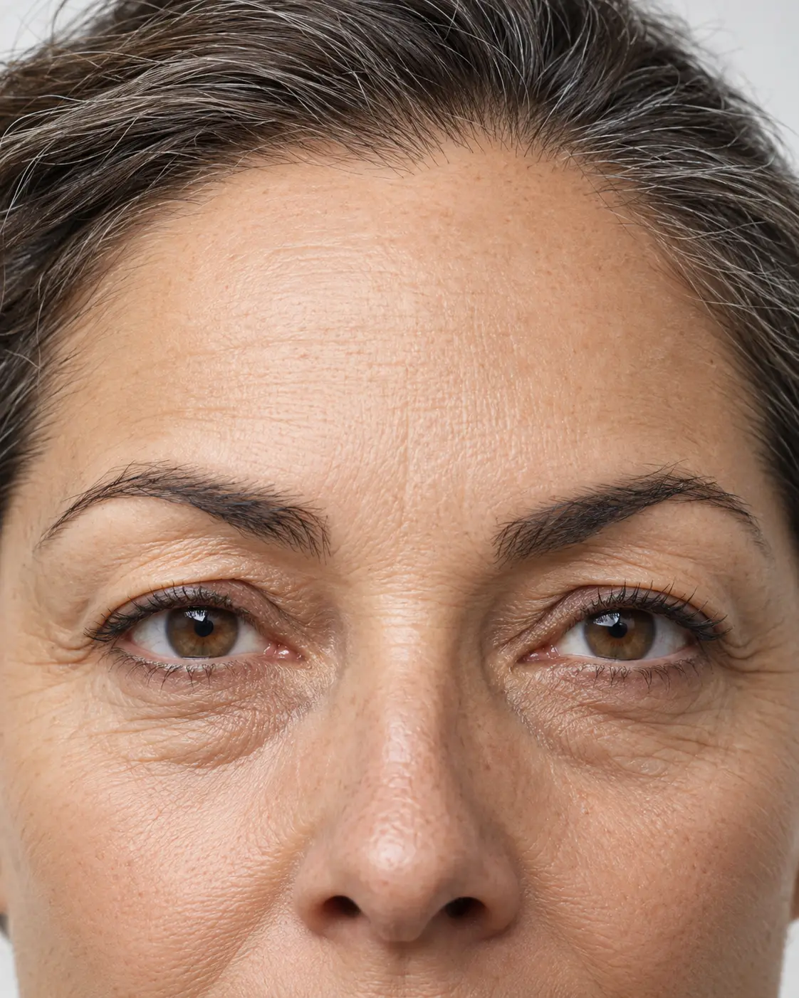 Close do olhar de uma mulher madura, com excesso de pele nas pálpebras e bolsas discretas