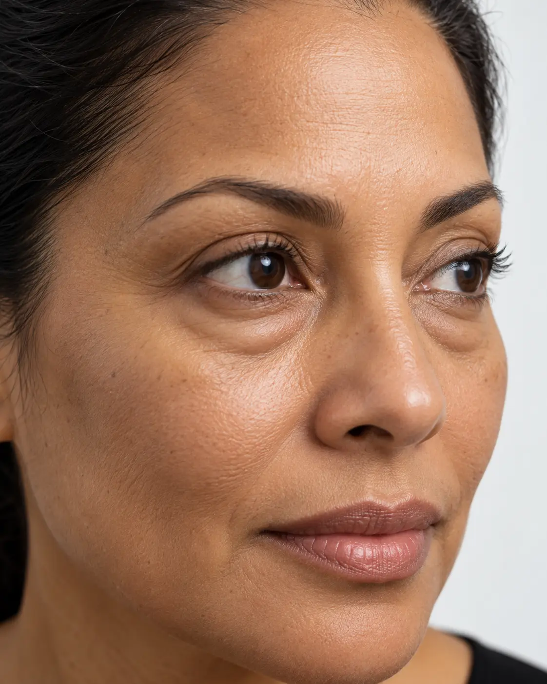 Mulher em três quartos, com bolsas suaves embaixo dos olhos