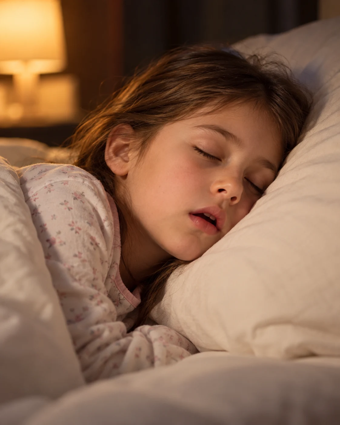 Menina dormindo de lado, respirando pela boca, em um quarto à luz de abajur