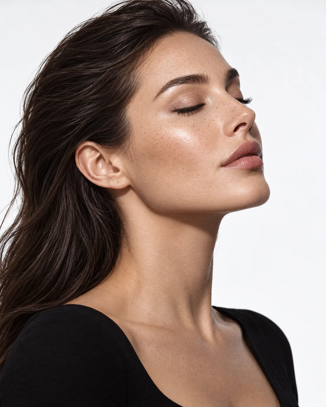 Mulher de olhos fechados, rosto erguido, respirando fundo pelo nariz
